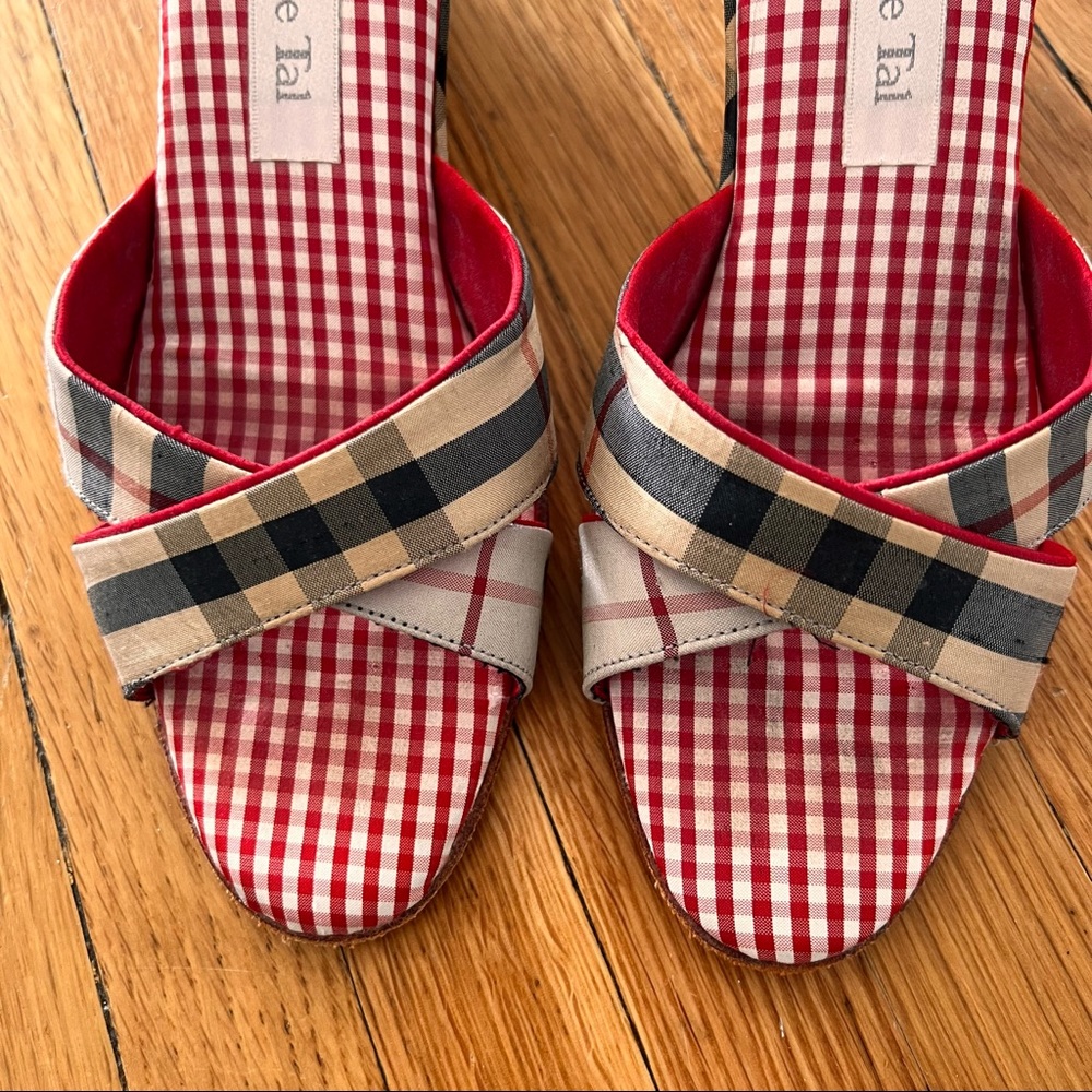 Olivia Rose Tal peep toe plaid gingham wedges 6